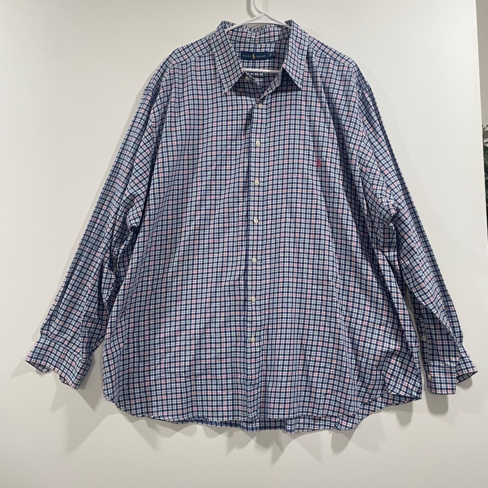 Ralph Lauren Mens 3XB Big Plaid Button Down Shirt Blue Pink Cotton Long Sleeve